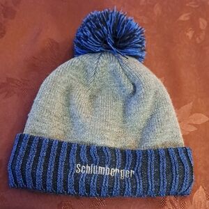 Schlumberger Blue and Gray Pom Pom Knit Beanie